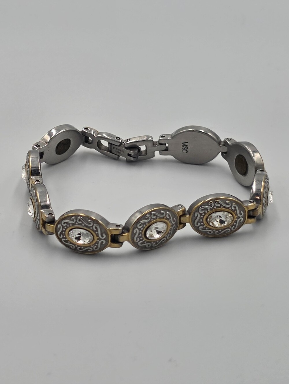 Stainless Steel Msc Gold & Silver Crystal Link Bracelet